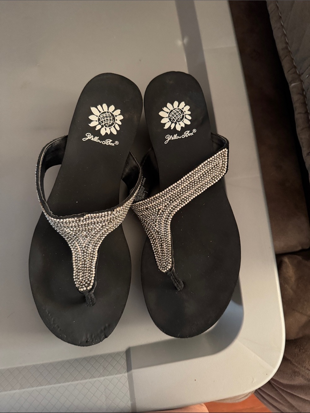 Yellow Box Black Rhinestone T-Strap Sandals